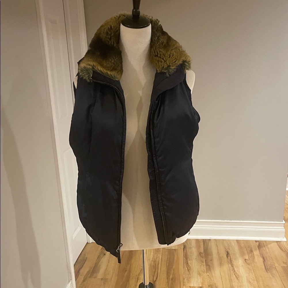 Lands' End Black Vest with Faux Fur Trim